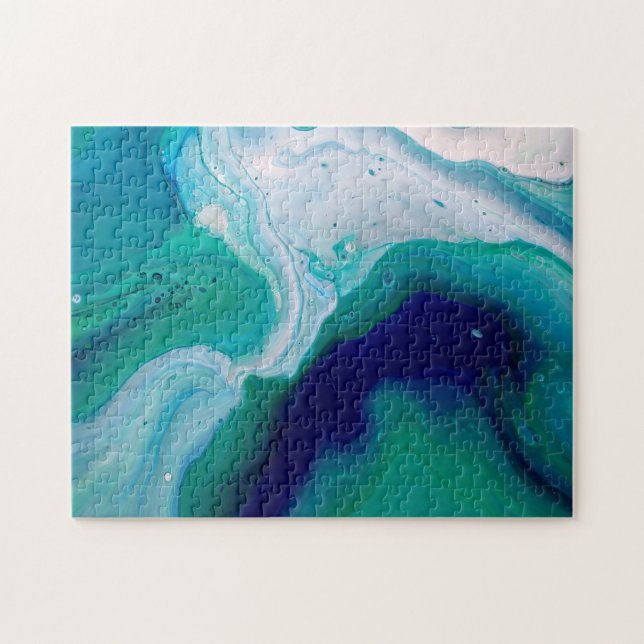 Pretty Blue Turquoise Abstract Fluid Art Jigsaw Puzzle (Horizontal)