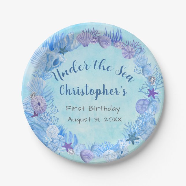 Pretty Blue Under The Sea Boy's Birthday  Paper Plates (Front)