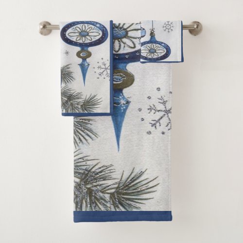 Pretty Blue Vintage Christmas Ornaments Snowflakes Bath Towel Set