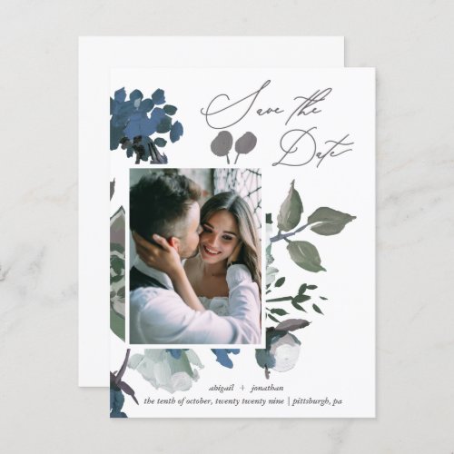 Pretty Blue Watercolor Bouquet Save the Date Invitation Postcard