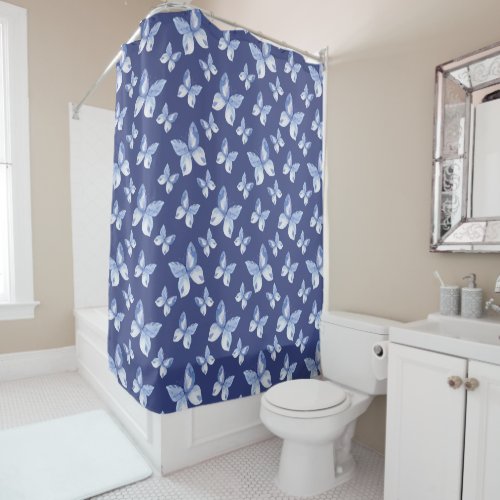 Pretty Blue Watercolor Butterfly Pattern Shower Curtain