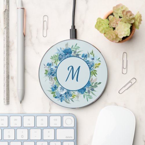 Pretty Blue Watercolor Floral Monogram Initial Wireless Charger