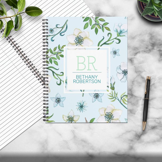 Pretty Blue Watercolor Floral Personalized Notebook (Creator Uploaded)