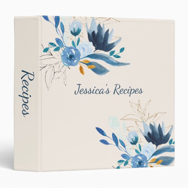 Pretty Blue Watercolor Flowers Personalized Recipe 3 Ring Binder (Front/Spine)