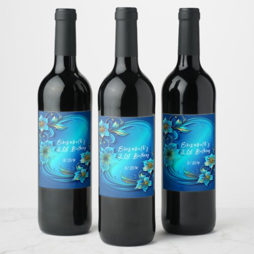 Pretty Blue Watercolor Metallic Look Flowers   Wine Label