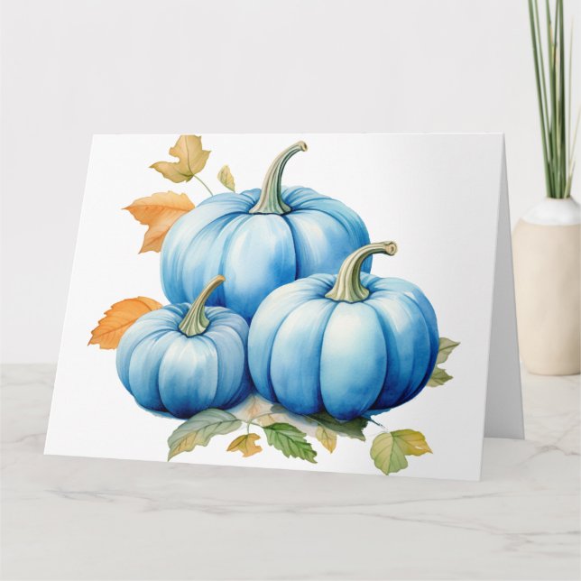 Pretty Blue Watercolor Pumpkins Card (Front)