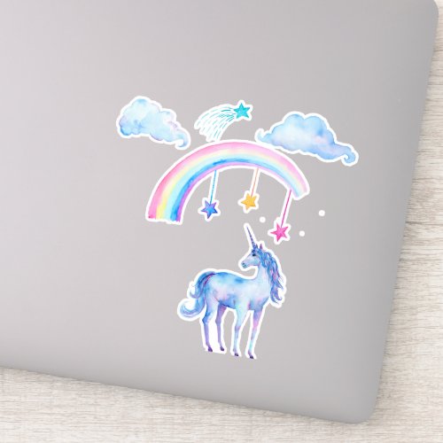 Pretty Blue Watercolor Unicorn with Rainbow Sticker