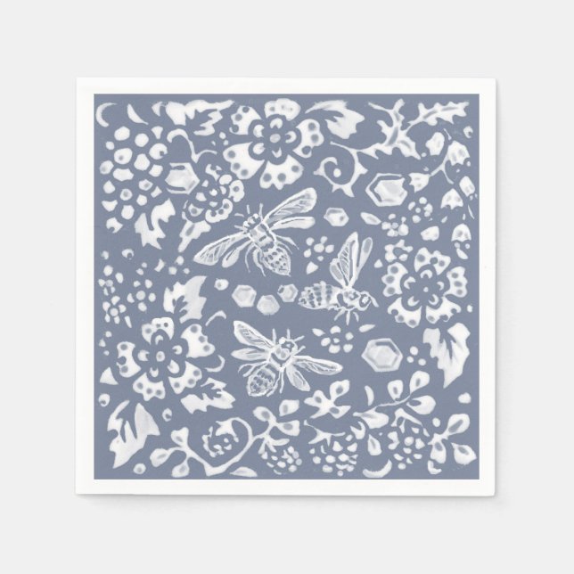 Pretty Blue White Bee Floral Garden Pattern  Napkins (Front)