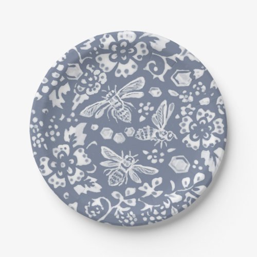 Pretty Blue White Bee Floral Garden Pattern Paper Plates