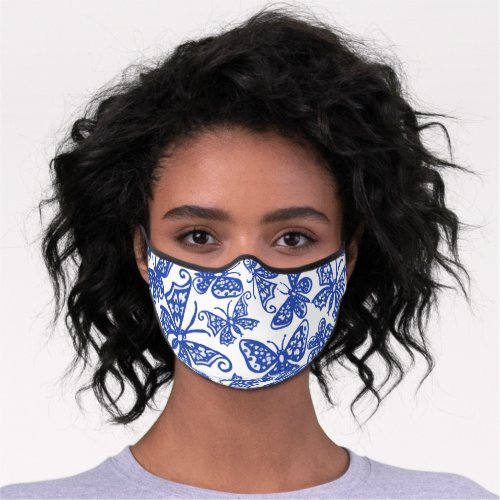 Pretty Blue White Butterfly Floral Animal Pattern Premium Face Mask