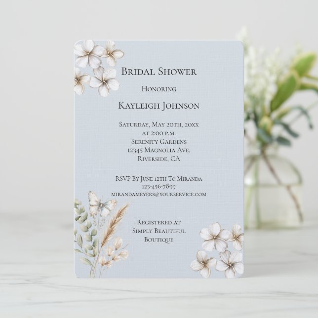 Pretty Blue White Butterfly Floral Bridal Shower  Invitation (Standing Front)