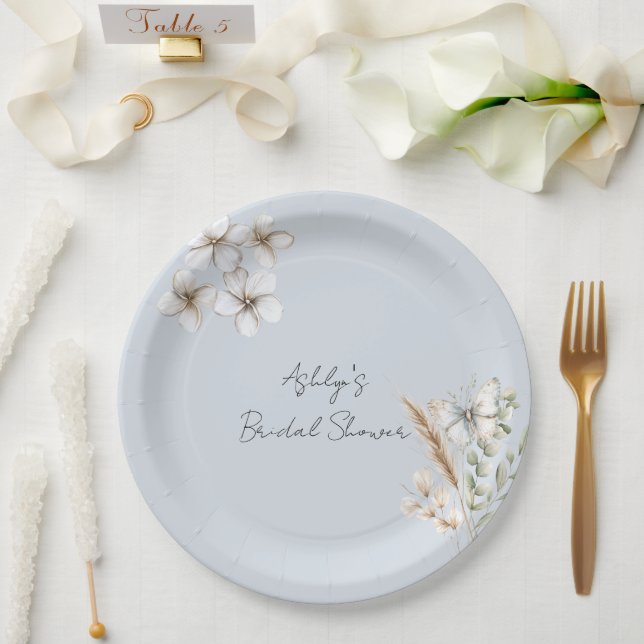 Pretty Blue White Butterfly Floral Bridal Shower Paper Plates (Wedding)