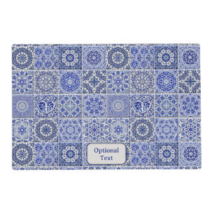 Pretty Blue & White Cottage Tiles - your name on Placemat