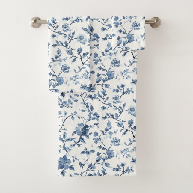 Pretty Blue White Floral   Bath Towel Set (Insitu)
