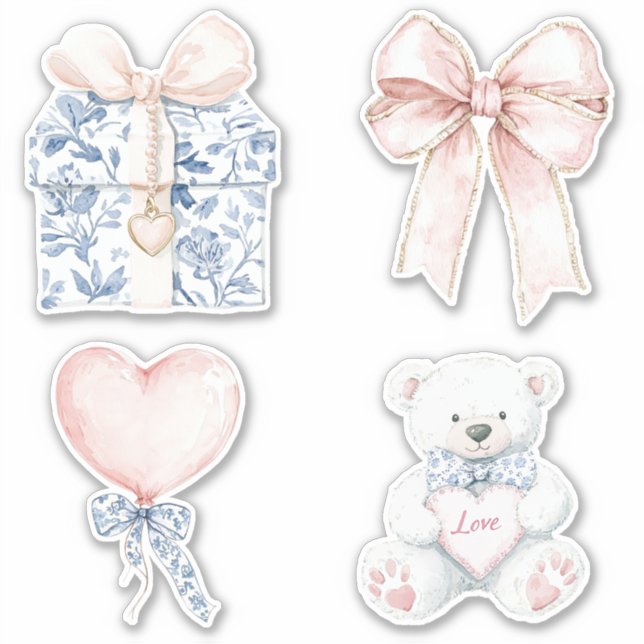 Pretty Blue White Floral Blush Heart Bow Bear Sticker (Front)