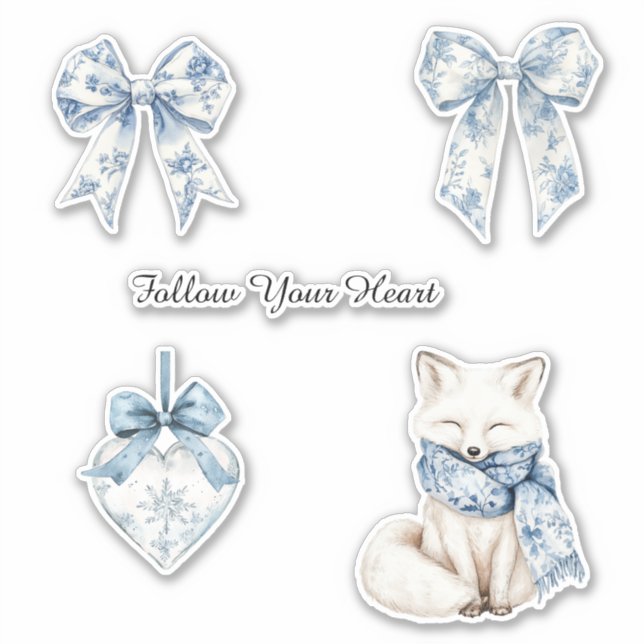 Pretty Blue White Floral Bows Heart Fox Sticker (Front)