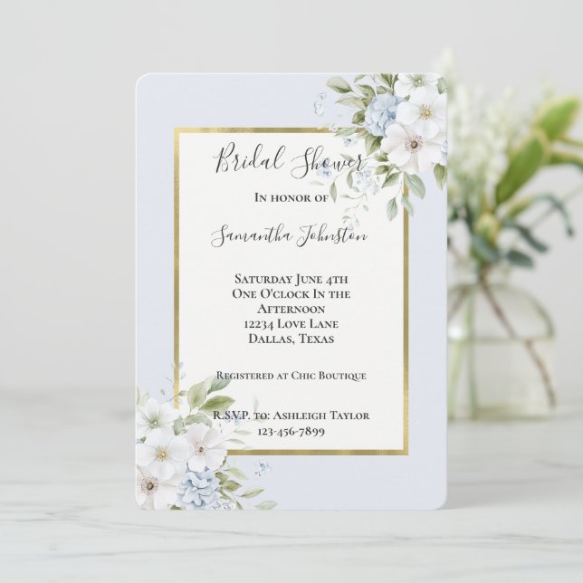 Pretty Blue White Floral Bridal Shower Invitation (Standing Front)
