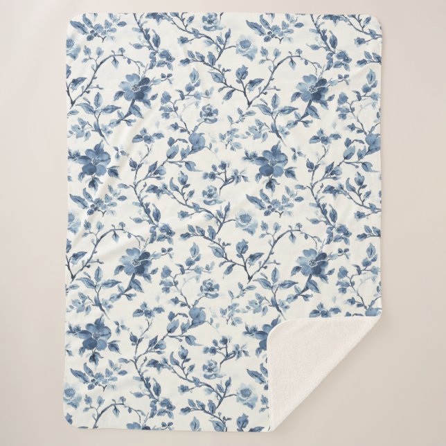 Pretty Blue White Floral Christmas Sherpa Blanket (Front)