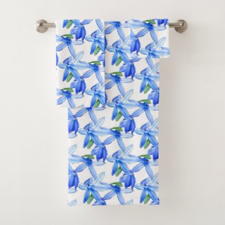 Pretty Blue White Floral Pattern Bath Towel Set