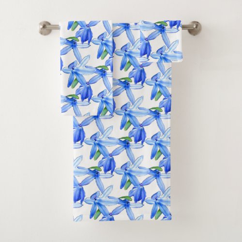 Pretty Blue White Floral Pattern Bath Towel Set