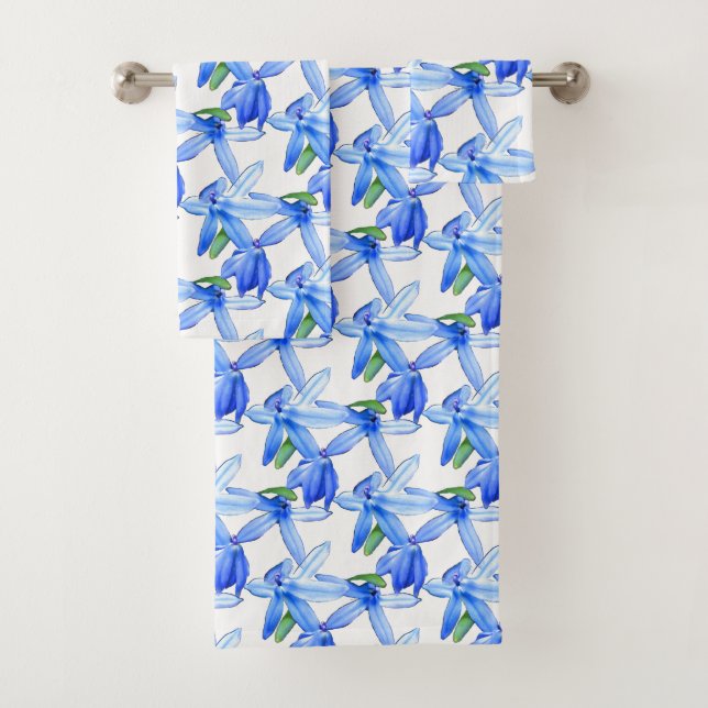 Pretty Blue White Floral Pattern Bath Towel Set (Insitu)