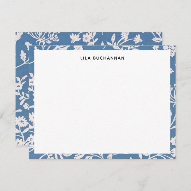 Pretty Blue White Floral Pattern Correspondence Note Card (Front/Back)