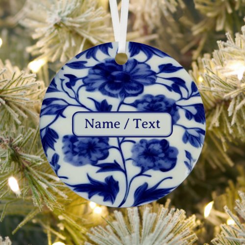 Pretty Blue  White Flower Painting _ Custom Text  Metal Ornament