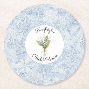 Pretty Blue White Flowers Bridal Shower Round Paper Coaster