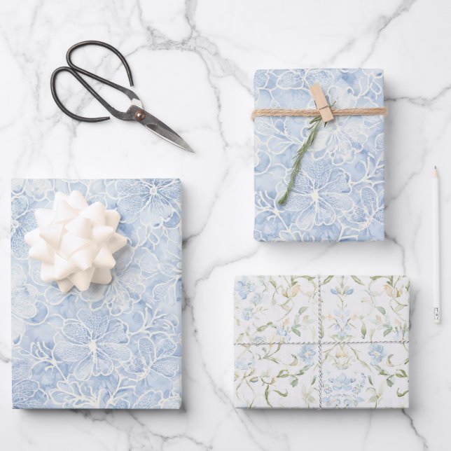 Pretty Blue White Flowers Bridal Shower Wrapping Paper Sheets (Front)