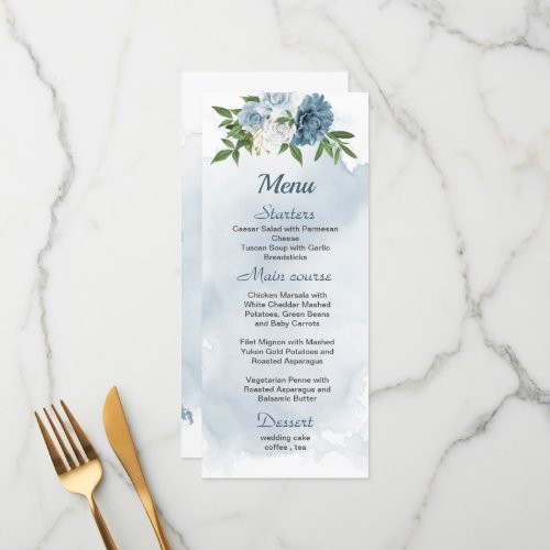 pretty blue white flowers greenery wedding menu