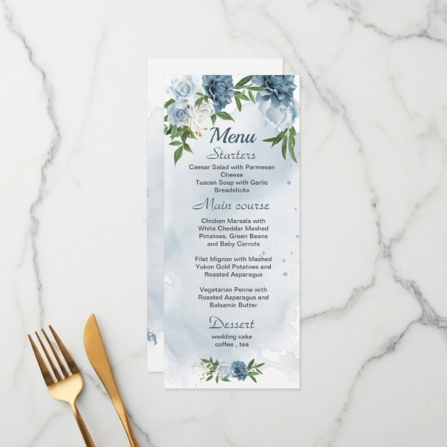 pretty blue white flowers greenery wedding menu (Front/Back In Situ)