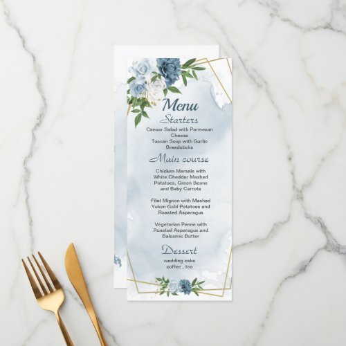 pretty blue white flowers greenery wedding menu