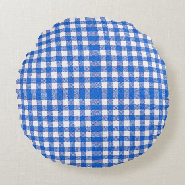 Pretty Blue White Gingham Design Round Pillow (Front)