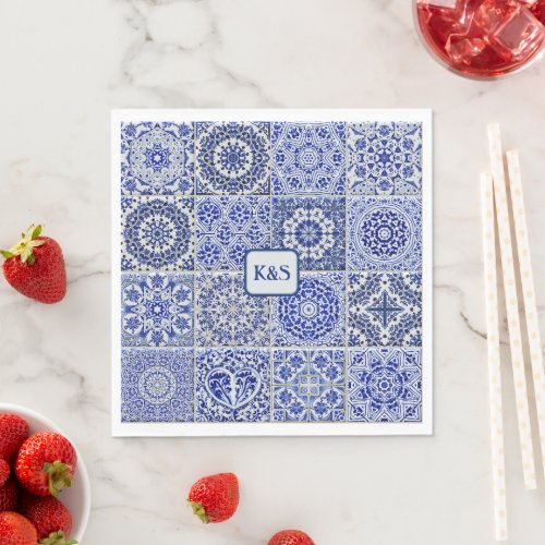 Pretty Blue  White Painted Tiles with Initials Napkins