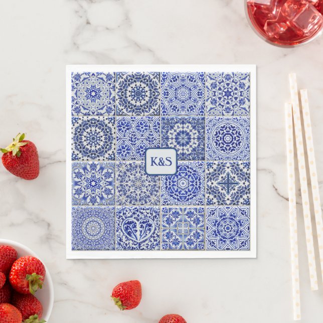 Pretty Blue & White Painted Tiles with Initials Napkins (Insitu)