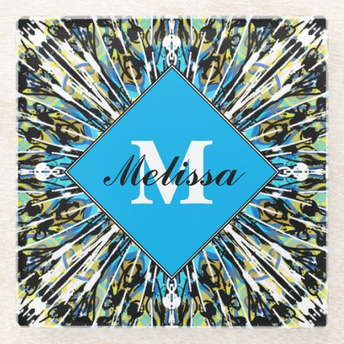 Pretty Blue  White Pattern Custom Name Monogram Glass Coaster