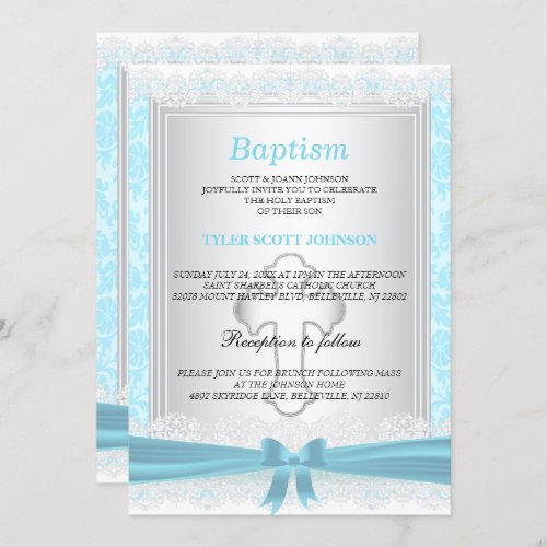 Pretty Blue  White Satin Baptism  Christening Invitation