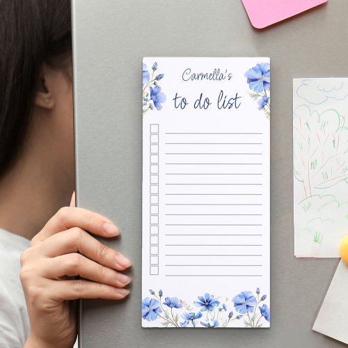 Pretty Blue Wildflower Personalized To Do List Magnetic Notepad