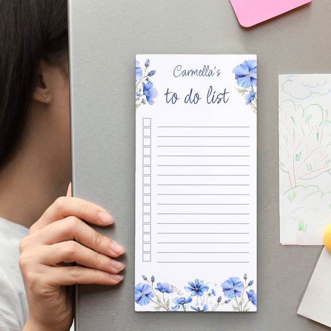 Pretty Blue Wildflower Personalized To Do List Magnetic Notepad (Personalized to do list with lines, checkboxes and blue flowers)