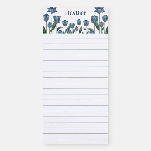 Pretty Blue Wildflowers Lined Your Name Magnetic Notepad (Front)