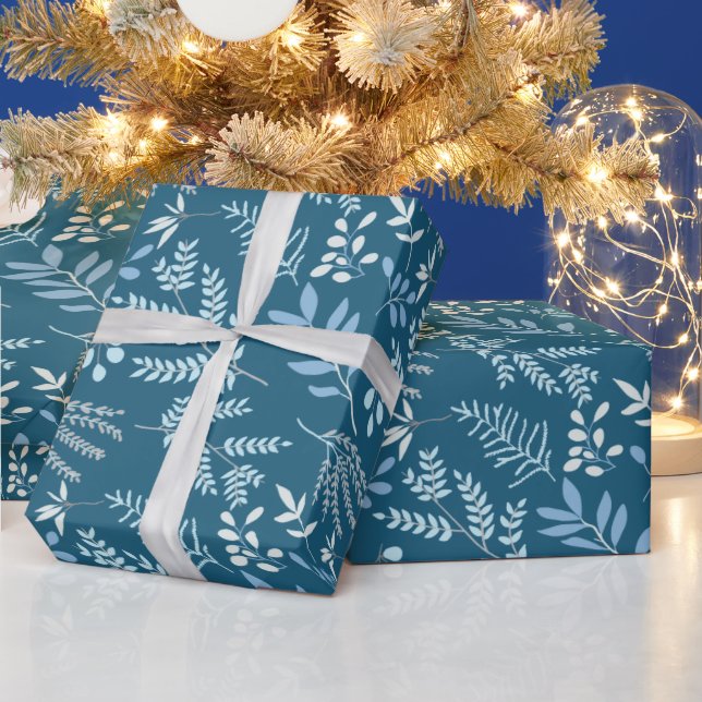 Pretty Blue Winter Botanical Holiday Christmas  Wrapping Paper (Holidays)