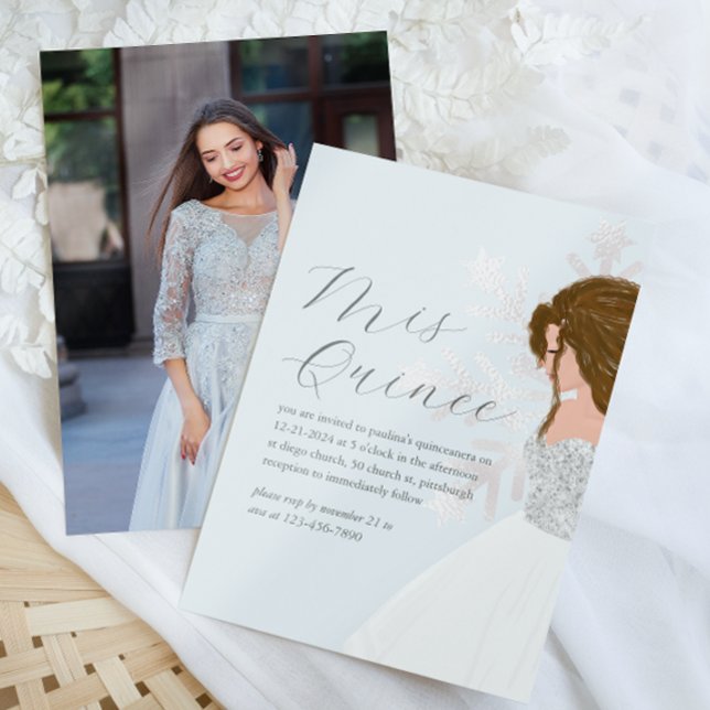 Pretty Blue Winter Snowflakes Mis Quince Photo Invitation (Pretty blue winter theme mis quince quinceanera invitation.)