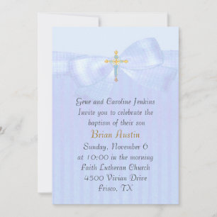 Pretty Blue with Bow and Cross Baptism Invitation