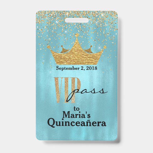Pretty Blue with Gold Crown Quinceañera VIP Badge (Front)
