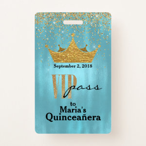 Pretty Blue with Gold Crown Quinceañera VIP Badge
