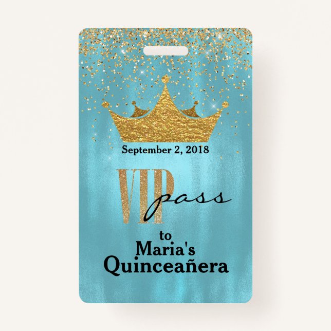Pretty Blue with Gold Crown Quinceañera VIP Badge (Front)