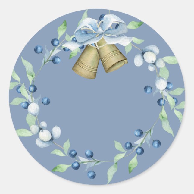 Pretty Blue Wreath Script Elegant Custom Classic Round Sticker (Front)