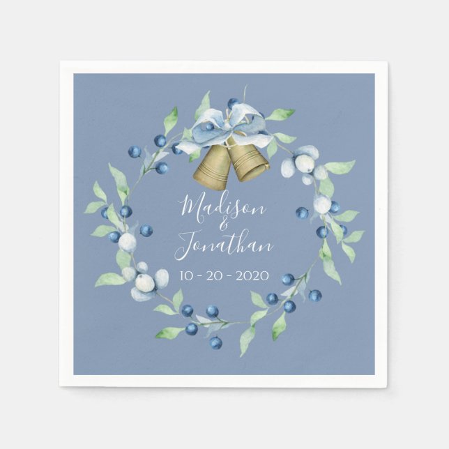 Pretty Blue Wreath Script Elegant Custom Wedding Napkins (Front)