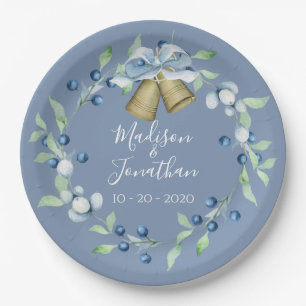 Pretty Blue Wreath Script Elegant Custom Wedding Paper Plates
