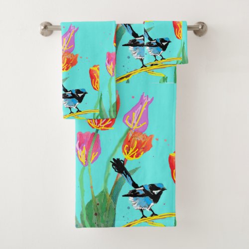Pretty Blue Wren and Tulip flowers art Towel Set